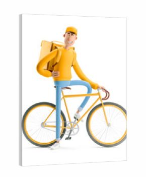 Express delivery concept. 3d illustration. Cartoon character. Delivery guy in yellow uniform stands with the big bag and bicycle.