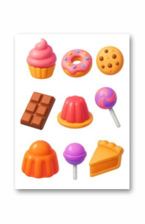 Y2k dessert icons set: 3d cupcakes, donuts, lollipops, cookies, and more