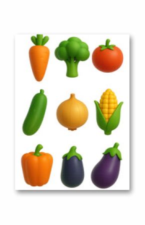 Colorful 3d vegetable icons set: carrot, broccoli, and more for design projects