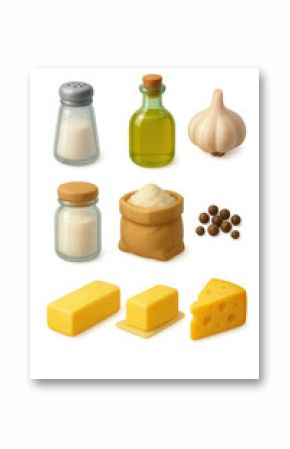 Essential 3d kitchen icons set: salt, garlic, olive oil, cheese, flour, butter, and pepper