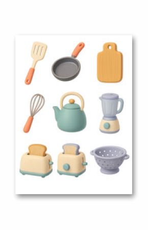 Charming 3d kitchen tools icon set featuring toaster, blender, and more kitchen essentials