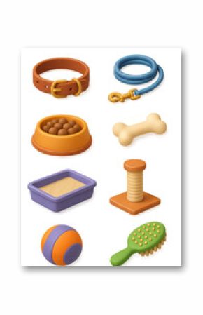 3d pet accessories icon set: essential items for pets in vibrant detail