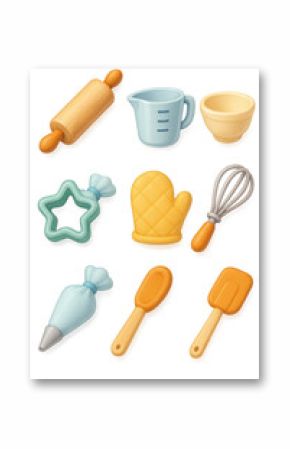 Charming 3d baking tool icons set: whisk, rolling pin, bowl & more