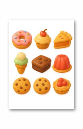 3d blobby dessert icons set: delightful treats in iconic sweet forms