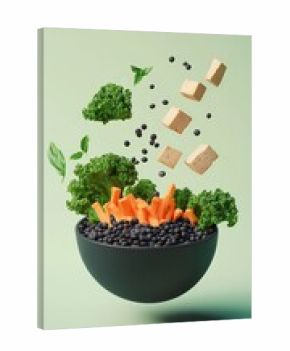 healthy salad bowl with floating ingredients