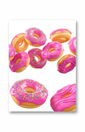 Donuts with pink fruit glaze, sprinkles, white drizzle, and dots isolated on white transparent background. 3d rendering and illustration of dessert variety