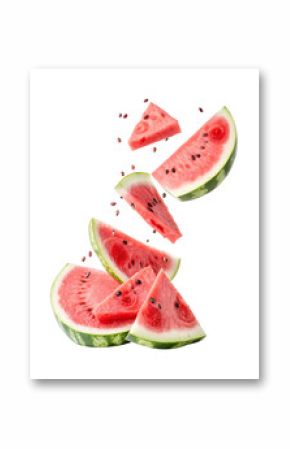 Falling watermelon slices isolated on transparent background.