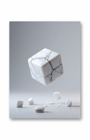 A levitating, cracked white marble cube, seemingly disintegrating, with fragments scattered below on a minimalist background