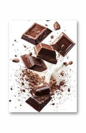 3D render flying chocolate pieces with cocoa powder and milk splash, isolated on white background