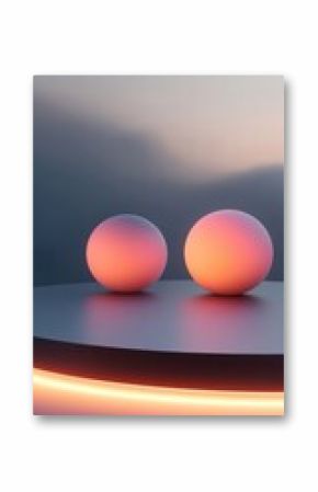 Two soft-toned spheres rest on a dark platform, lit by an orange glow