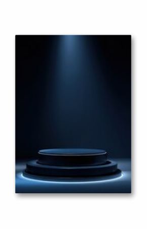 A stunning image of dark blue stage podium 3d background product platform of empty scene presentation pedestal minimal showcase stand or abstract light show blank display and neon.