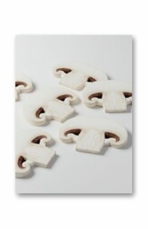 Hyper-Realistic 3D Render of Neatly Arranged Mushroom Slices on White Background