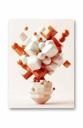 Abstract composition of geometric shapes and spheres in warm colors, creating a dynamic visual effect