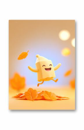 Smiling banana muffin character jumping into a pile of autumn leaves