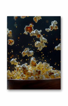 A cinematic close-up of a bowl of buttery popcorn, with a kernel dramatically popping out and other pieces spinning in a dynamic explosion in the air, creating an explosive motion effect.