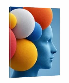Blue human head profile surrounded by colorful textured spheres against a blue background