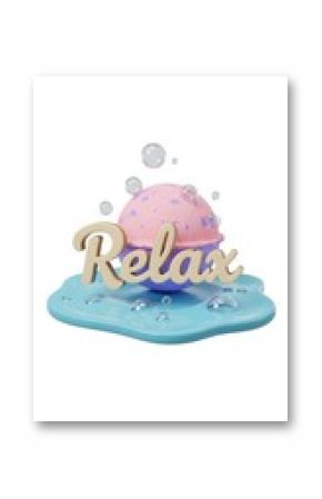 3 D render of pink bath bomb with relax text and bubbles on blue water plastic 3d abstract