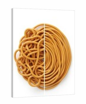 Tangled orange plastic cord on left ordered on right with white dividing line plastic 3d background