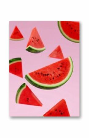 Watermelon slices in mid-air against pink