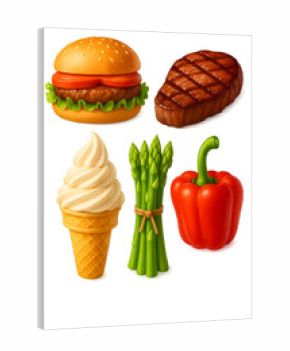 Realistic 3D Food Icons – Burger, Steak, Ice Cream, Vegetables on Black Background