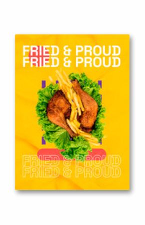 Sketch image 3d pop banner collage of chicken crispy leg french fries nutrition carbs grilled potato lettuce leave lunch meal