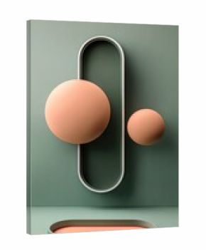 Muted tones, oval frame, floating spheres, minimal display