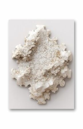 A sculpted, off-white puzzle piece.  The interlocking pieces are textured, creating a mountainous,  organic form.  The pieces show signs of aging or weathering, giving a subtle, warm tone