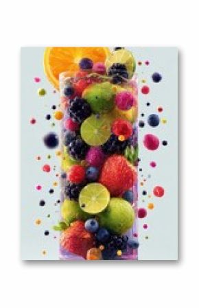 Vibrant fruit-filled drink glass with flying fruit pieces