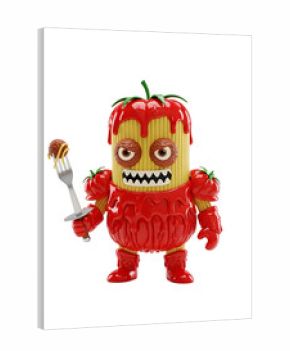 Animated pasta character with sauce outfit and holding a fork with meatball in the transparent background