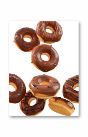 Donuts with chocolate glaze, sprinkles, white drizzle, and dots isolated on white transparent background. 3d rendering and illustration of dessert variety