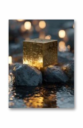 Golden cube on rocks in flowing water, lit by soft light