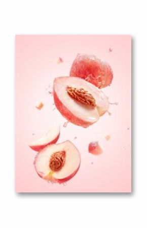 Juicy Peach Slices in Motion with Water Splashes on Pink Background, Peach slices with water splash isolated on pink background. 3d illustration