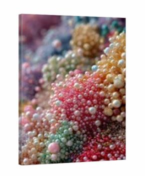 Close-up of a textured, colorful, 3D-rendered landscape of clustered, shimmering pearls