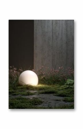 A glowing orb rests amidst moss-covered ground and wildflowers in front of a concrete wall