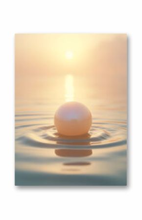 Single Pearl Floating on Calm Water Under Soft Golden Sunlight  
