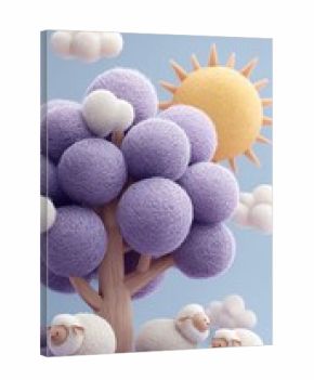Fluffy sheep and tree under pastel sky