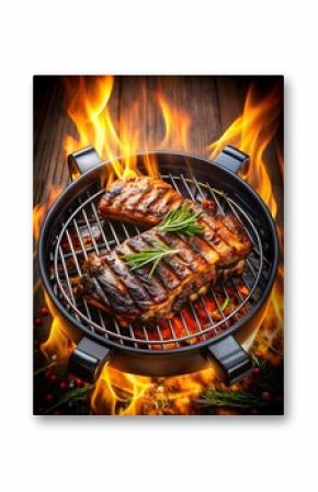 3d icon of tender pork ribs seasoned with rosemary and spices, grilling over a hot barbecue flame on a circular grill, creating a smoky and delicious outdoor dining experience