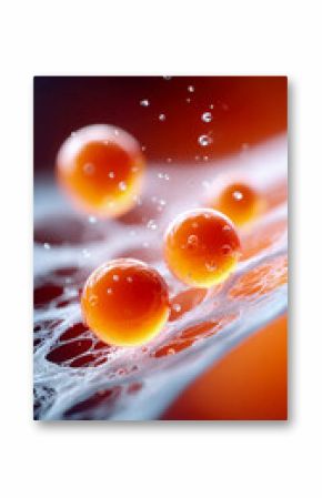 Abstract 3D illustration of glowing orange spheres within a fibrous white network