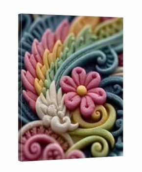 Colorful, intricate, sculpted floral design