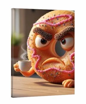 Angry donut holding coffee