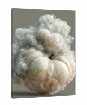 Abstract image of a pale-orange pumpkin enveloped in swirling, light gray smoke on a muted gray background