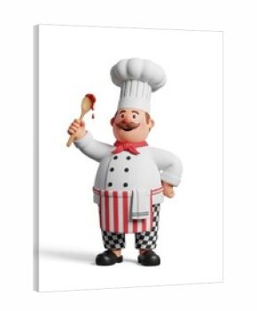 Cartoon chef holding spoon with red sauce, wearing classic white uniform and checkered pants on white background