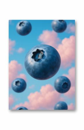 Close-up of a single blueberry floating against a surreal blue sky with dreamy pink clouds, combining fresh fruit with imaginative fantasy art.
