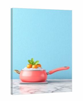Pink Pot with Tangerines, Mint, on Induction Cooktop against Light Blue Wall, Marble Surface, 3D Render