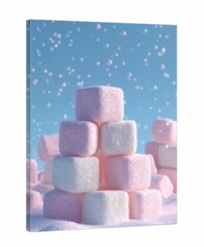 Pink and white sugar cubes stacked in a pyramid, light blue background with falling specks