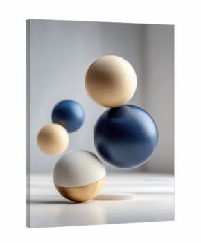 Abstract composition of spheres in muted colors, seemingly levitating