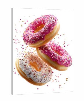 Three donuts, pink and white, in mid-air, showered with sprinkles