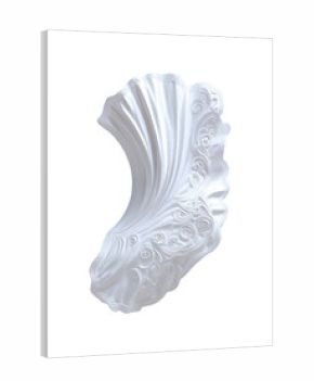 Ornate, scallop-shaped, white decorative element.  A sculpted,  whimsical,  and detailed  piece, reminiscent of a seashell,  with  raised  floral  patterns