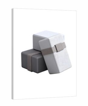 Stack of three gray and white rectangular boxes, tied with light gray tape