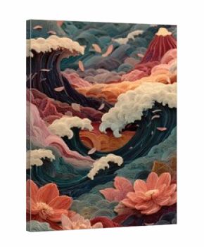 Abstract waves, flowers, and mountains in soft color palette
